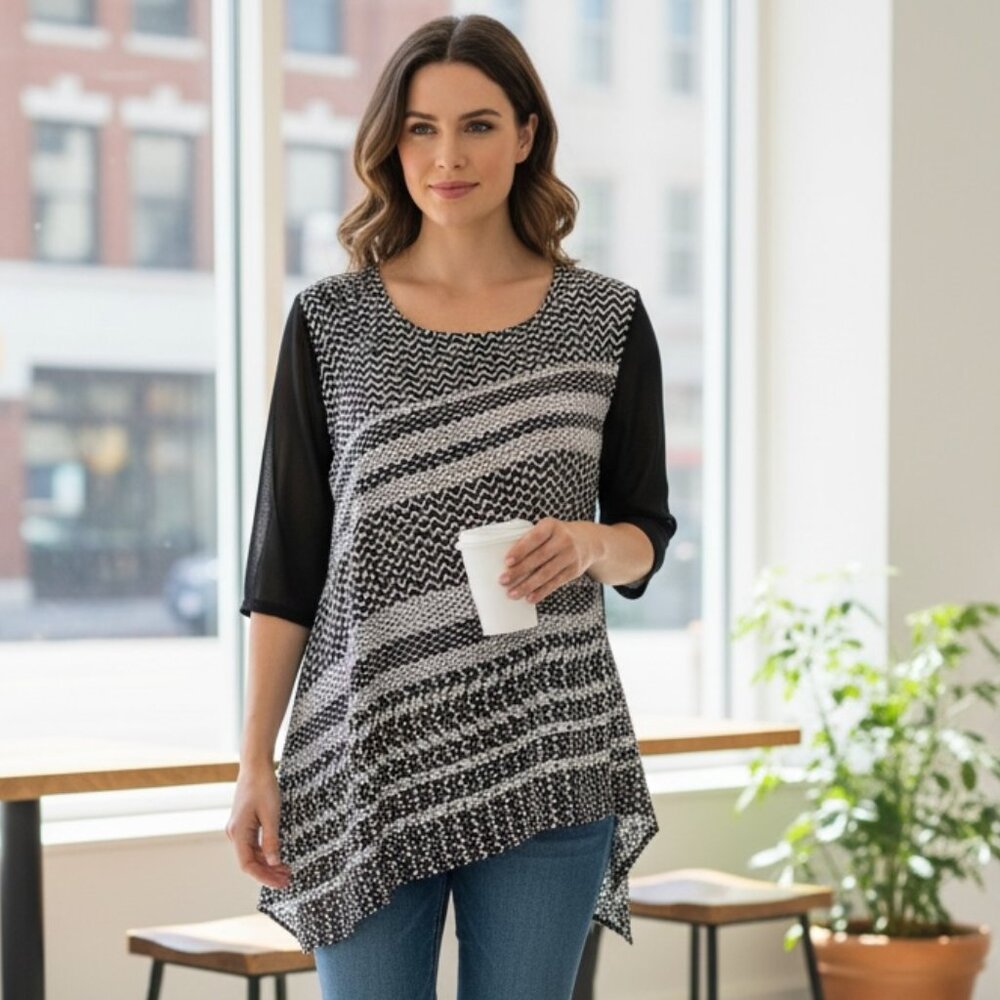 Chicos Travelers Asymmetric Tunic Top Sz 3 (XL/16) Black & White #217H